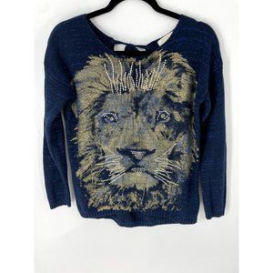 Celyn Blue sweater with Gold Lion Face and Rhinestones Size S